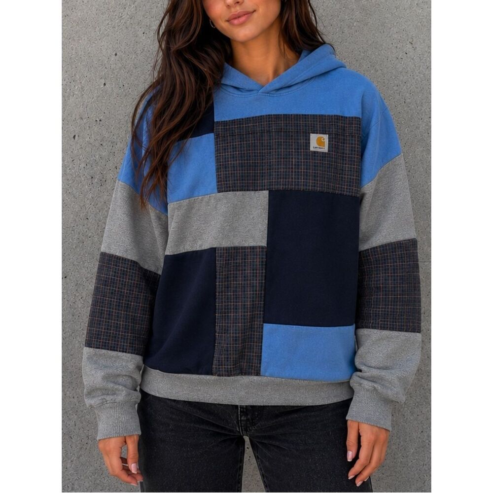 Carhartt Upcycled Handmade Patchwork Fall Flannel Blue Gray Relaxed Baggy Hoodie